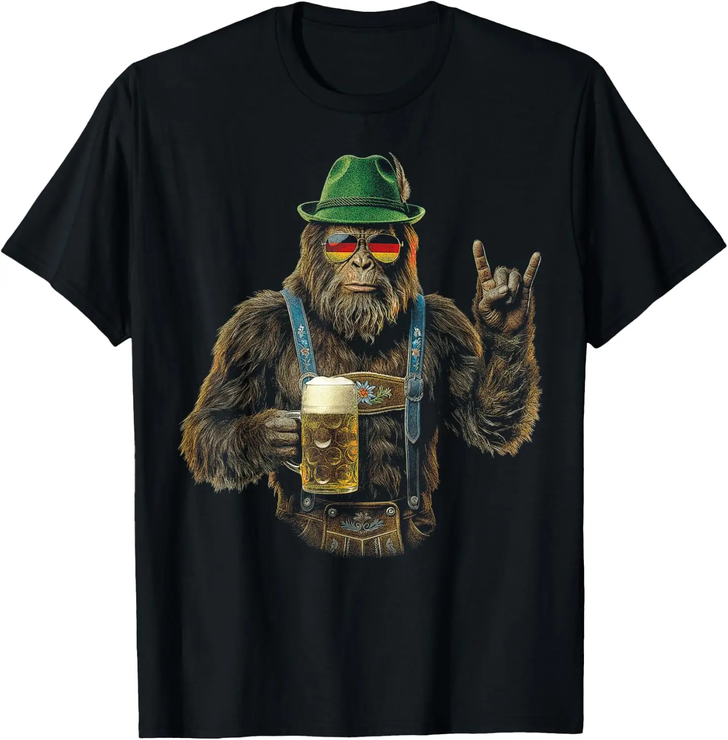 Bigfoot Rock On Oktoberfest Lederhosen German Men Prost Beer T-Shirt Halloween Loose-Fit Pure Cotton Short-Sleeve Top – Stylish, Breathable, Plus-Size – Christmas Gift