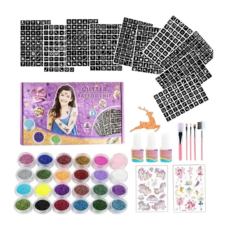 Colorful Diamond Glitter Temporary Tattoo Set Glitter Powder Makeup Brush Tattoo Glue Tattoo Party Face Body Art Kits For Kids