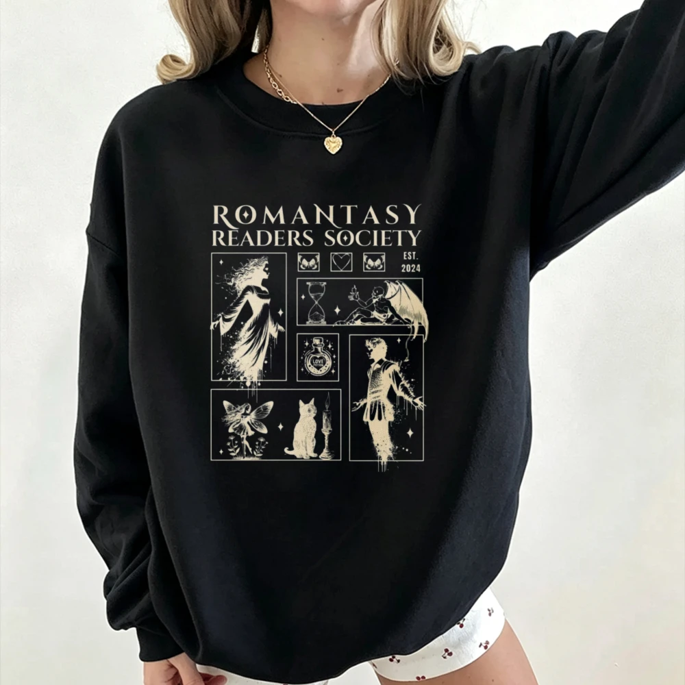 Romantasy Readers Society Aesthetic Crewneck Sweatshirt, Booktok Gift For Fantasy Book Lovers, Dark Bookworm Casual Pullover