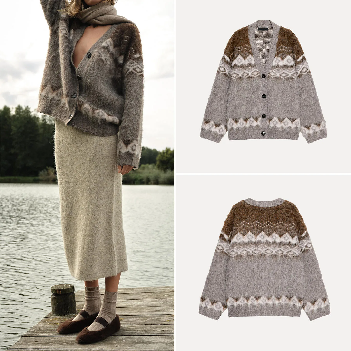 Z Women's Knitted Floral Effect Jaet Color Blo Faionable Ele 2025 New Arrival Long Sve V-Ne Button Closure