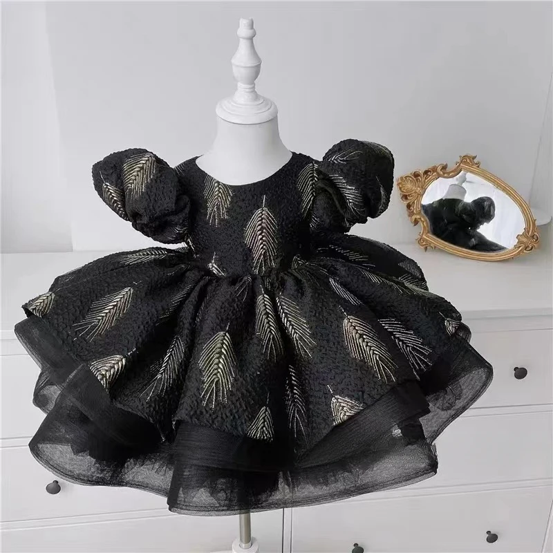 Girls' Princess Dress Korean Baby Black Puff Sleeve Backless Irregular Skirt Children Spring