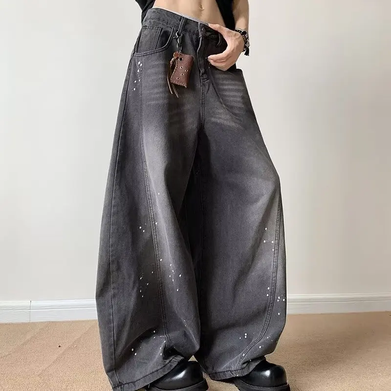 Calças Jeans Retrô Americanas Lavadas com Efeito Desgastado, Estilo Casual Solto Unissex, Perna Larga e Caimento Limpo