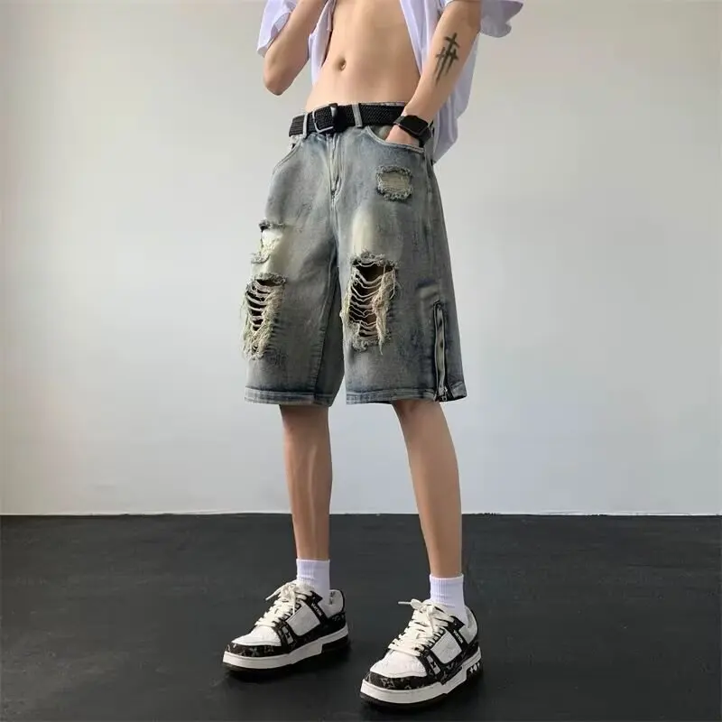 Shorts Jeans Americanos Retrô Estilo High Street Desgastados Unissex Verão Lavados Retos Soltos Cinco Pontas
