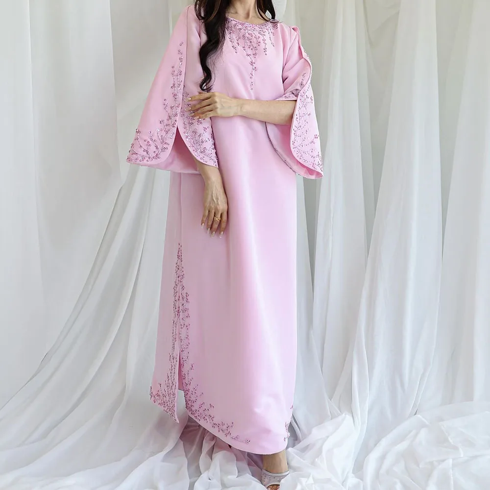 

Customized A-line Evening Dresses Ankle-length Scoop-neck Full Sleeve Prom Gown Fashion Sequined Simple Draped Party Gown