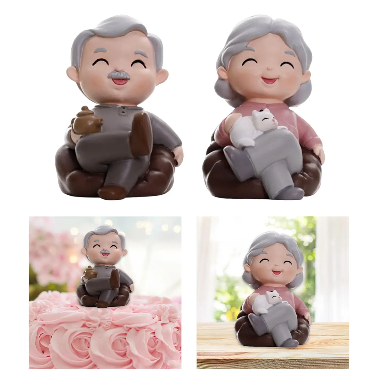 Cute Grandma Grandpa Statue Elderly Couple Figurine Cake Topper Doll Desktop