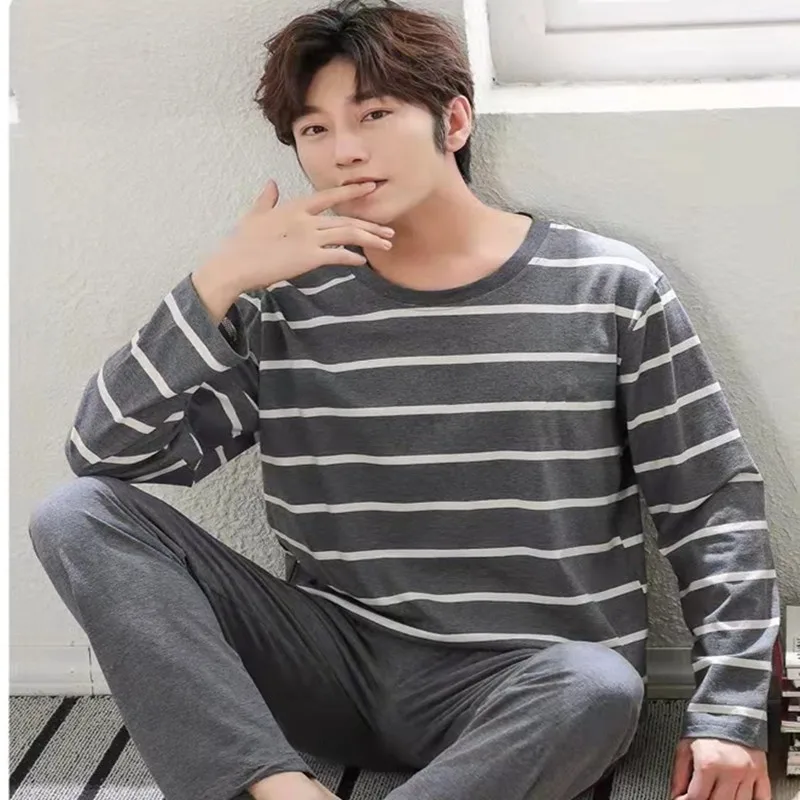 2PCS/Set Men\'s Pajamas Autumn Winter Long-Sleeved Fashion Soft Simple Casual Homewear Man Black Comfortable Striped Loungewear