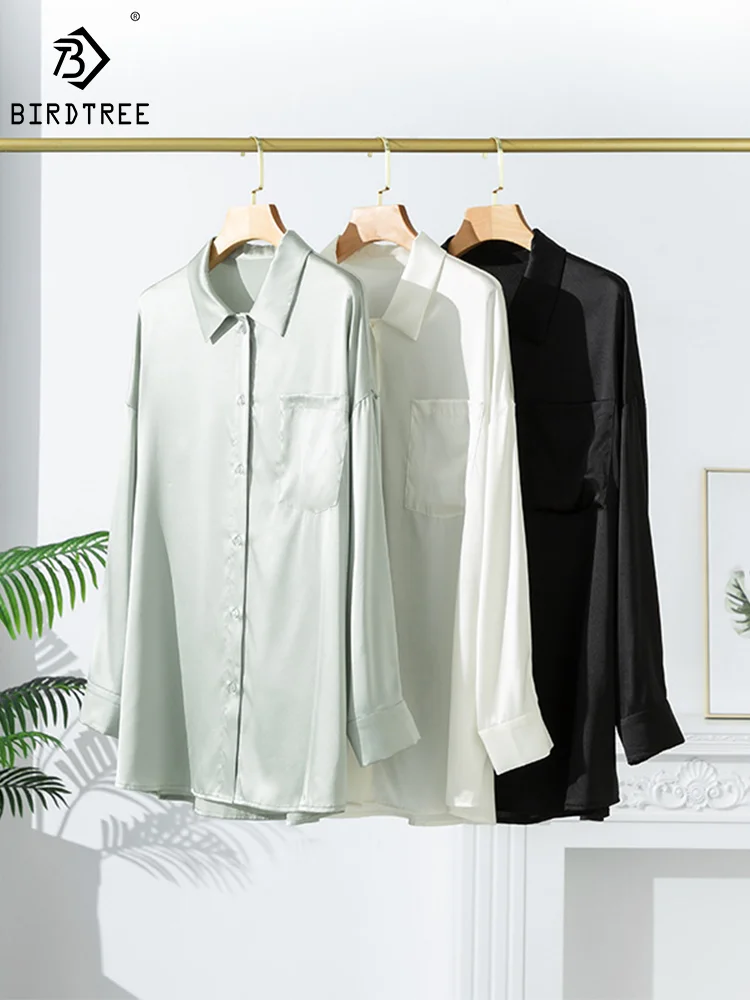 

Birdtree Long Shirts 93%Silk 7%Spandex Woman Solid Oversize Blouses Chest Pocket 2023 Spring Autumn Chic Top White T37247QM