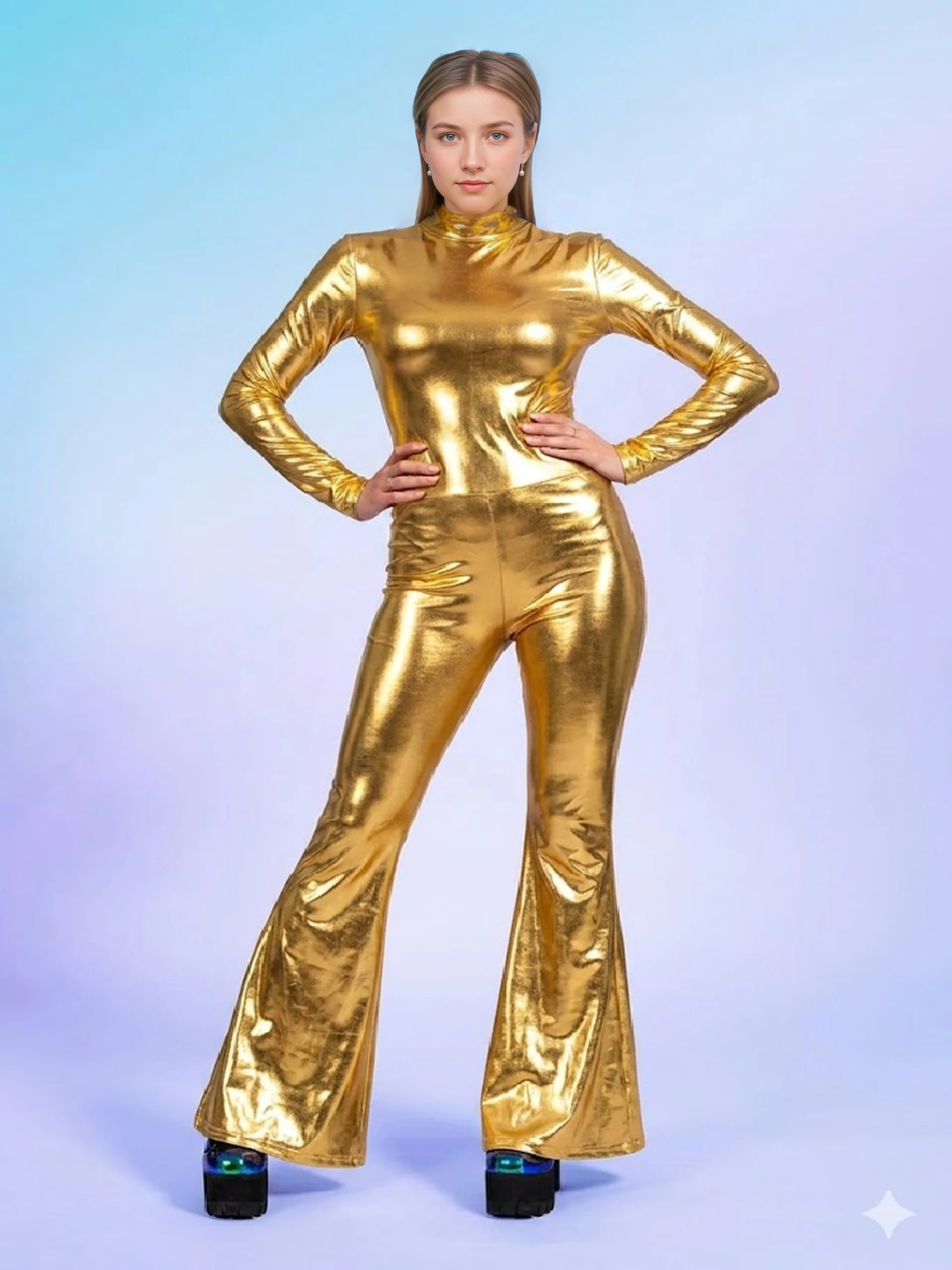 Damen Rollkragen-Jumpsuit mit Glänzendem Metallic-Effekt und Schlaghose, Schillernder Glänzender Bodysuit für Nachtclub, Disco, Bühne und Party – Detail 2