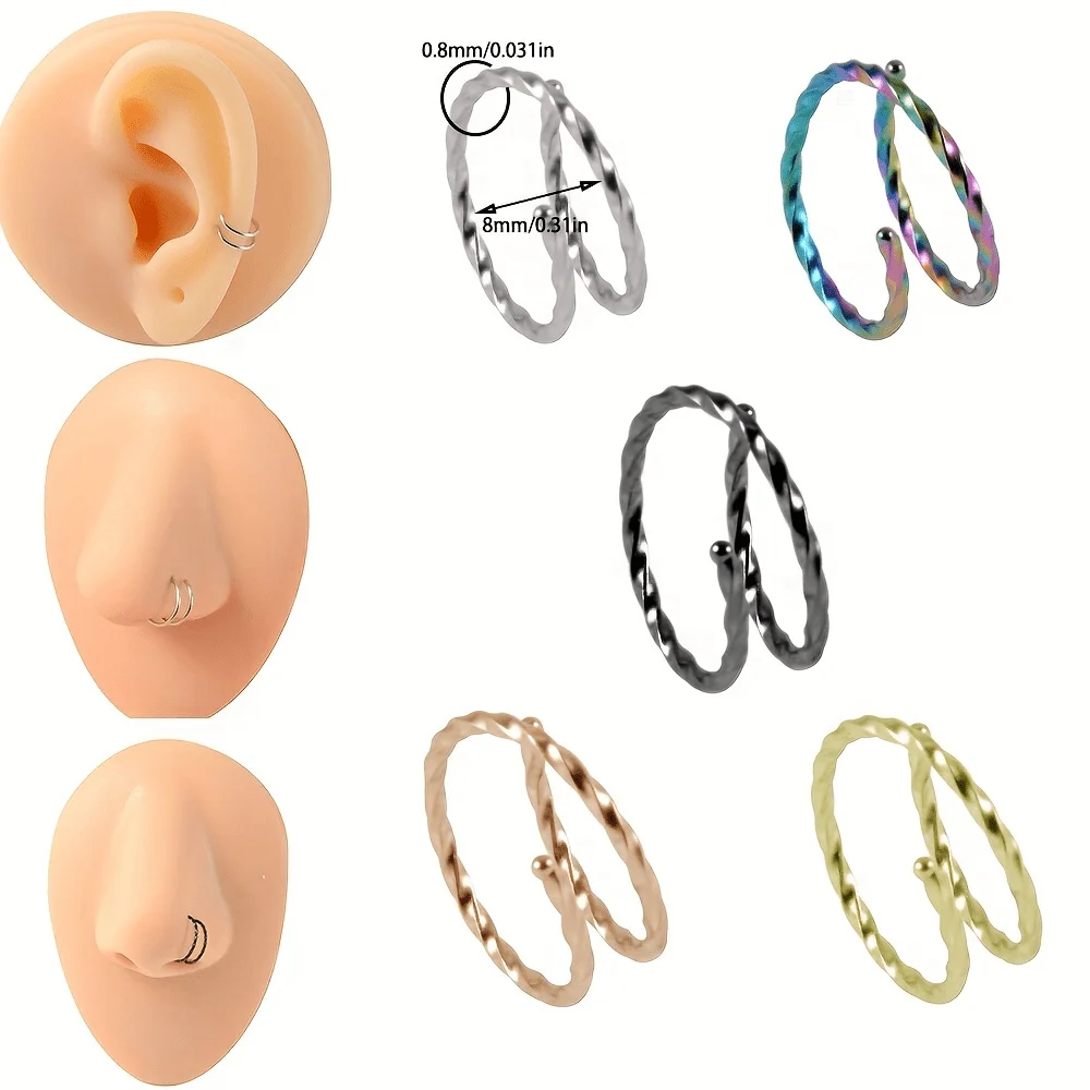 2PCS of Nose Rings and Earrings Set Stainless Steel Lip Ear Nose Piercing Jewelry Suitable for Men and Women 5 Colors