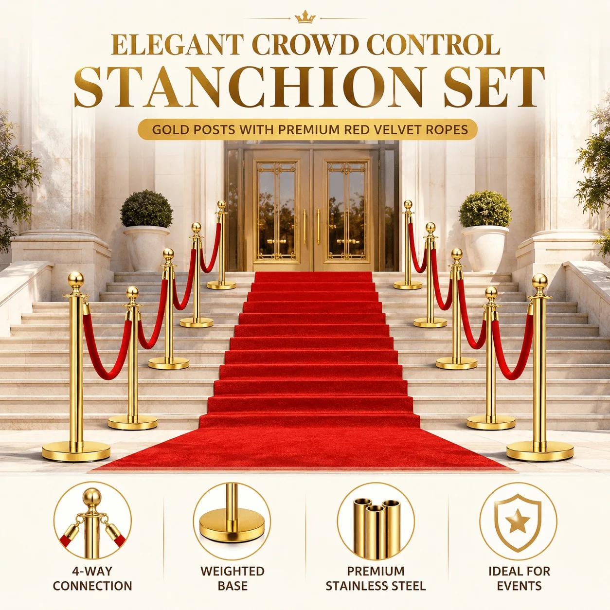 4/8Pcs Gold Stanchion Posts with Velvet Ropes, Stainless Steel Crowd Control Barrier Set, 96cm Queue Poles with Fillable Bases for Red Carpet Wedding Exhibition Events