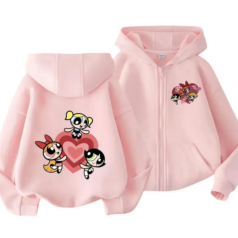 Kawaii anime Powerpuff ragazze camicia con cerniera con cappuccio cappotto sportivo ragazzi ragazze Chunqiu Harahara felpa con cappuccio Powerpuff