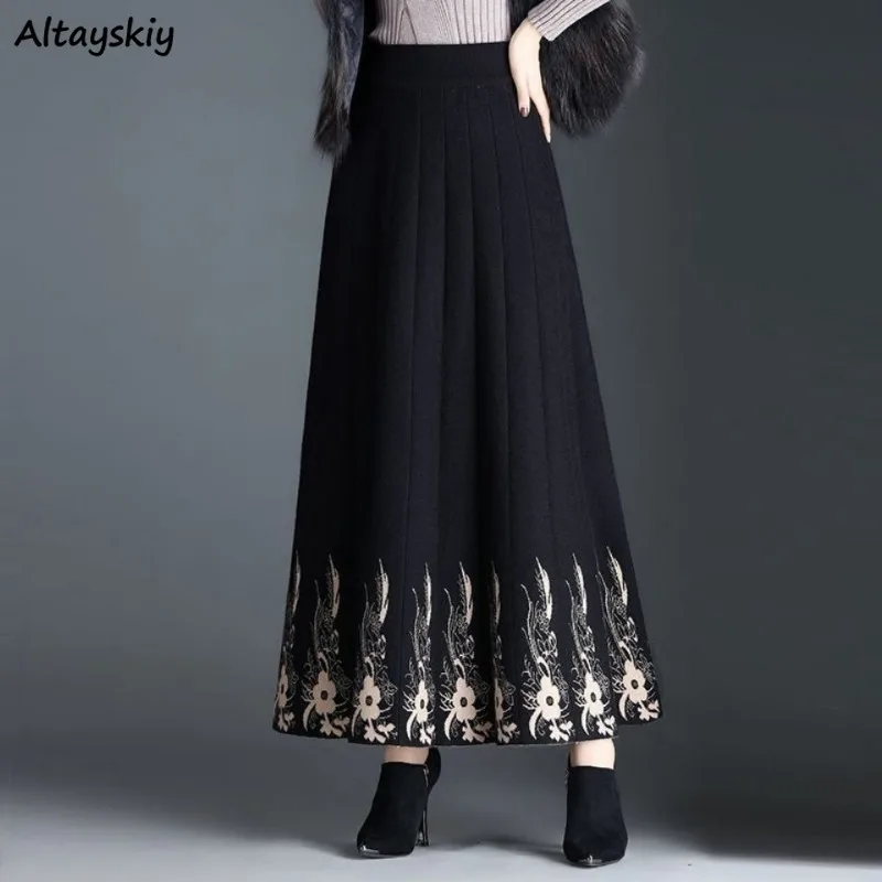 

Knitted Long Skirts for Women Chic Prints Elegant Autumn Winter Classy High Waist Fashion Ladies A-line Vintage Streetwear New