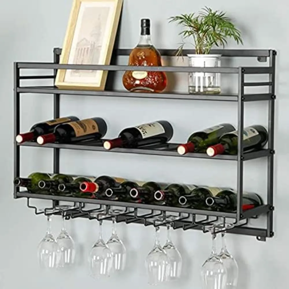 Wall Mounted 3 Tier Industrial Wine Racks with Glasses Holder Rustic Metal Hanging Wine Holder Wall Mount Bottle Holder