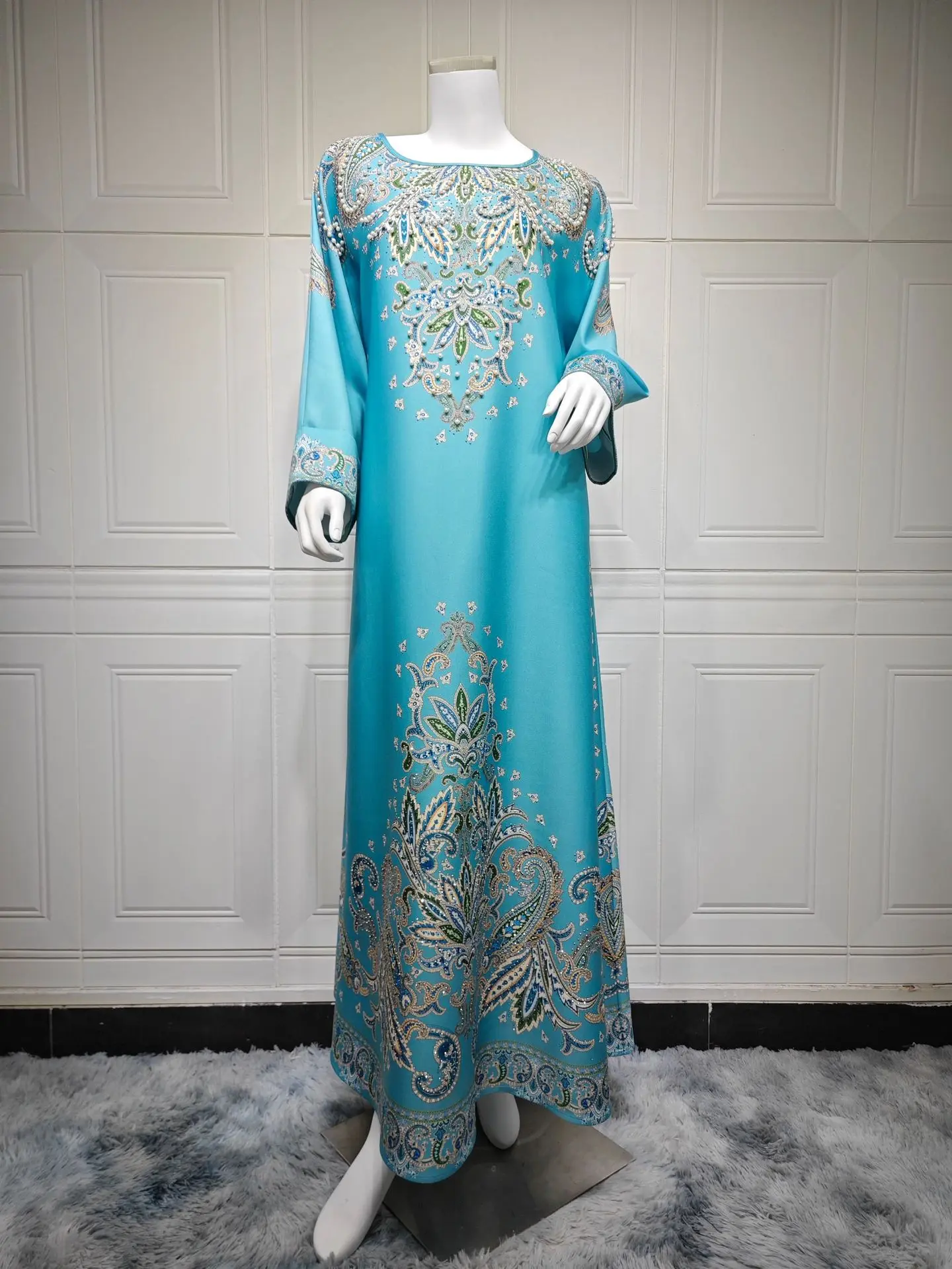 Uni Ramadan Dubai Floral Print Luxury Abaya Women Evening Dress Loose Sleeve Pearl Beading Moroccan Caftan Women