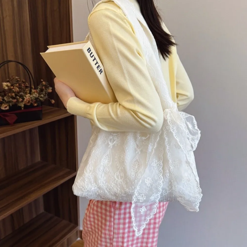 

Storage Bag Embroidery Lace Shoulder Bag With Ribbon Korean Style Canvas Handbag Vest Bag Tote Bag Large Capacity Bag Work