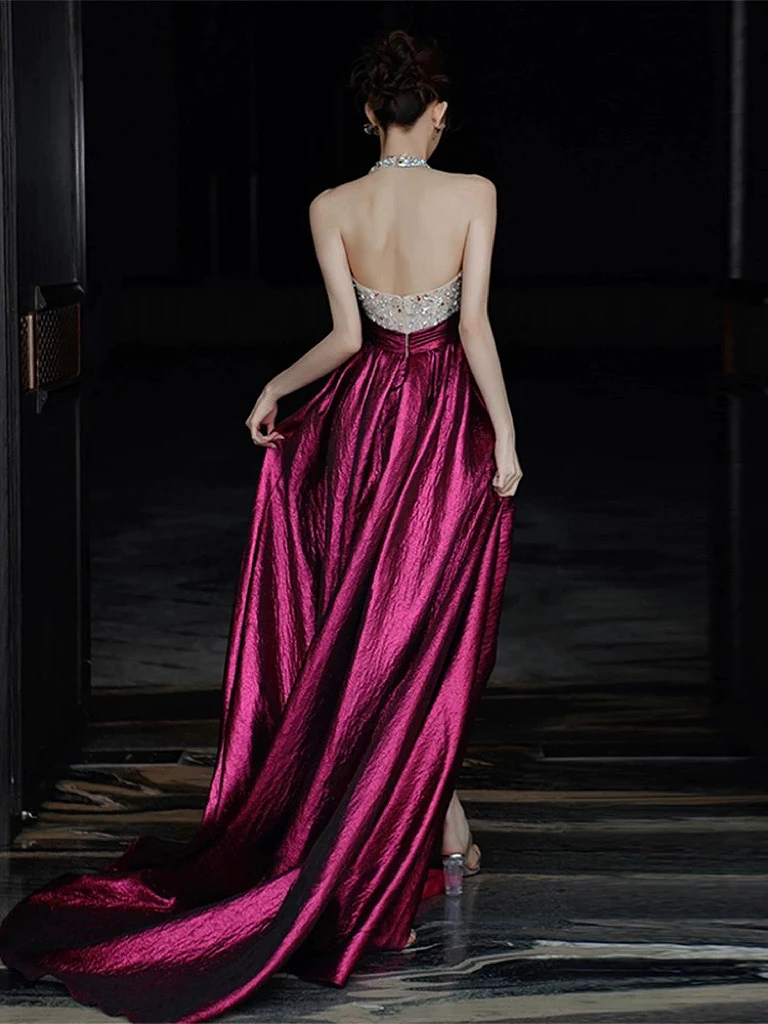 Satin Silk Evening Dresses Rose Pink Split Beading Sleeveless Backless Floor Length Sequins Luxury Formal Party Evening Gowns