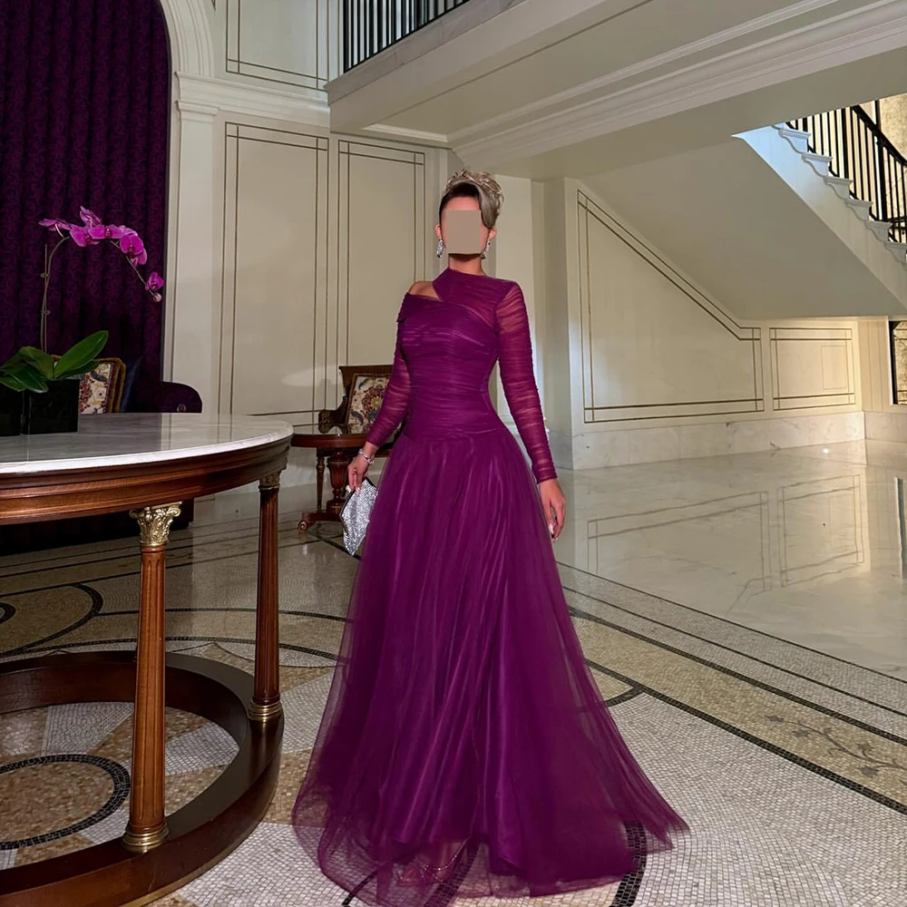 Msikoods Luxury Purple Tulle Prom Dresses 2025 Long Sleeve Party Dress Ruched Formal Dress Floor Length Evening Dress Customized