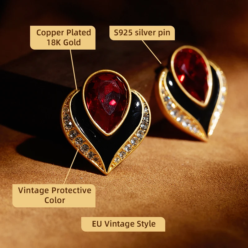 LEWIS SEGAL-pendientes de corazón de cristal rojo para mujer, joyería fina de lujo, estilo Medieval, elegante, chapado en oro de 18K