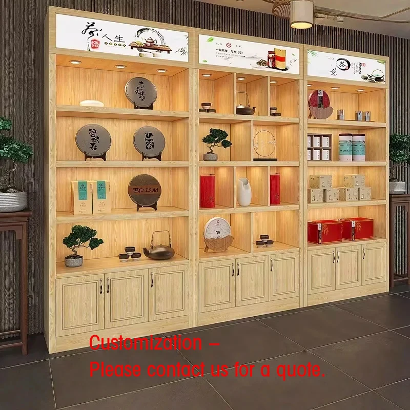 custom.Vintage Wooden Tea Display Stand Glass Back LED Lighting-Durable Retail Display Multi-Tiered Tabletop
