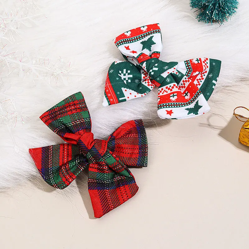 2PCS Vintage Christmas Plaid Hair Bow Clip For Girls Handmade Hairgrips Kids Hairpin Barrettes Children Headwear Accessories