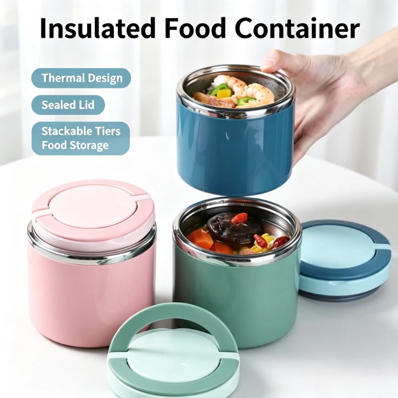 1PC Thick Stainless Steel Insulated Lunch Container with Cover Portable Hand Carry Food Pail for Students and Office Workers