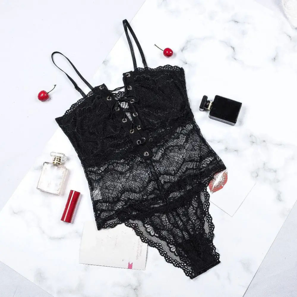 

Sweet Mesh Flower Women Lingerie Transparent Deep V-neck Lace Babydoll Underwear Nightwear Lace-up Bodysuit Home