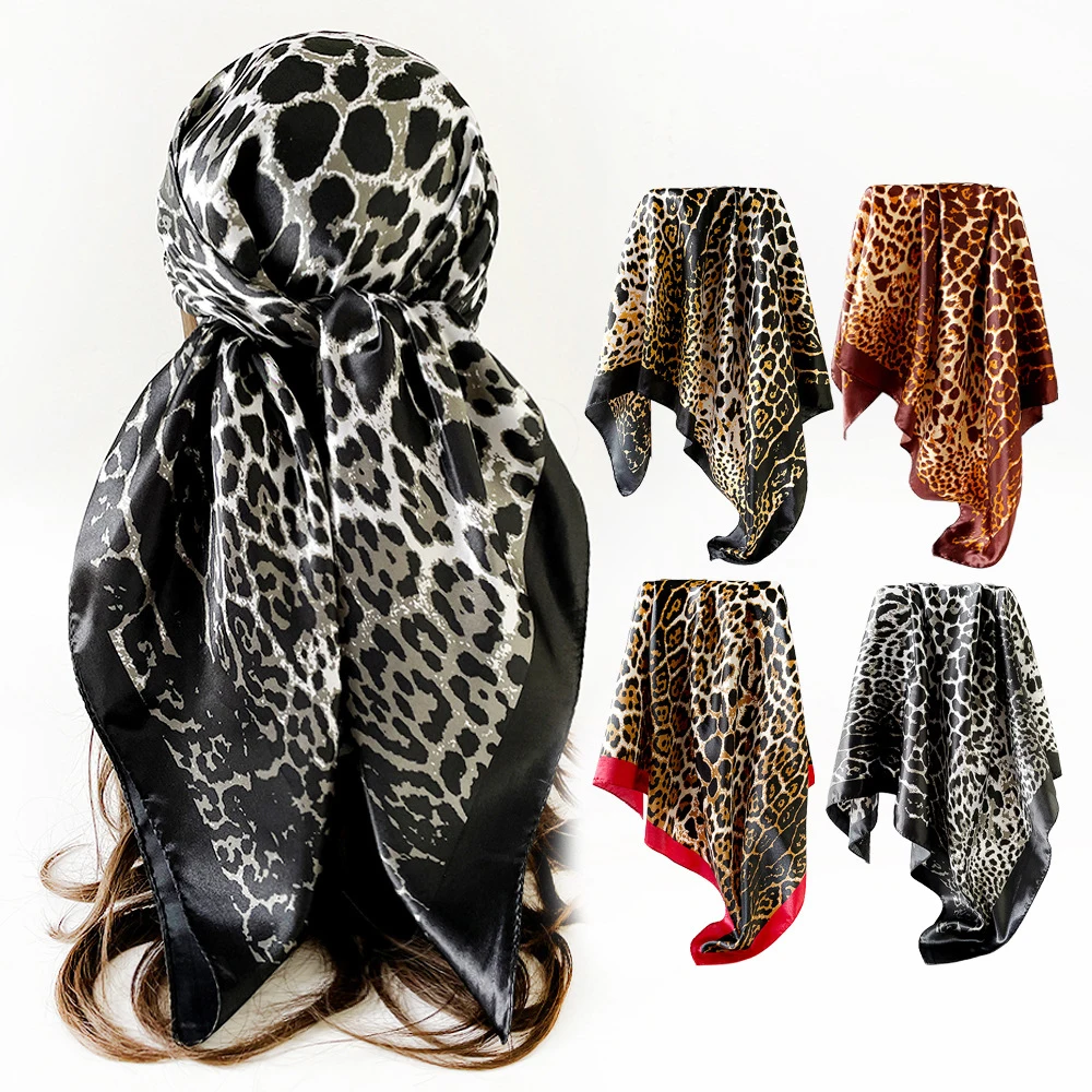 1 Stück Damen Mode Leopardenmuster Seidenschal 90*90cm Weicher Glatter Stoff für Tägliches Tragen Stilvolles Sonnenschutz-Accessoire