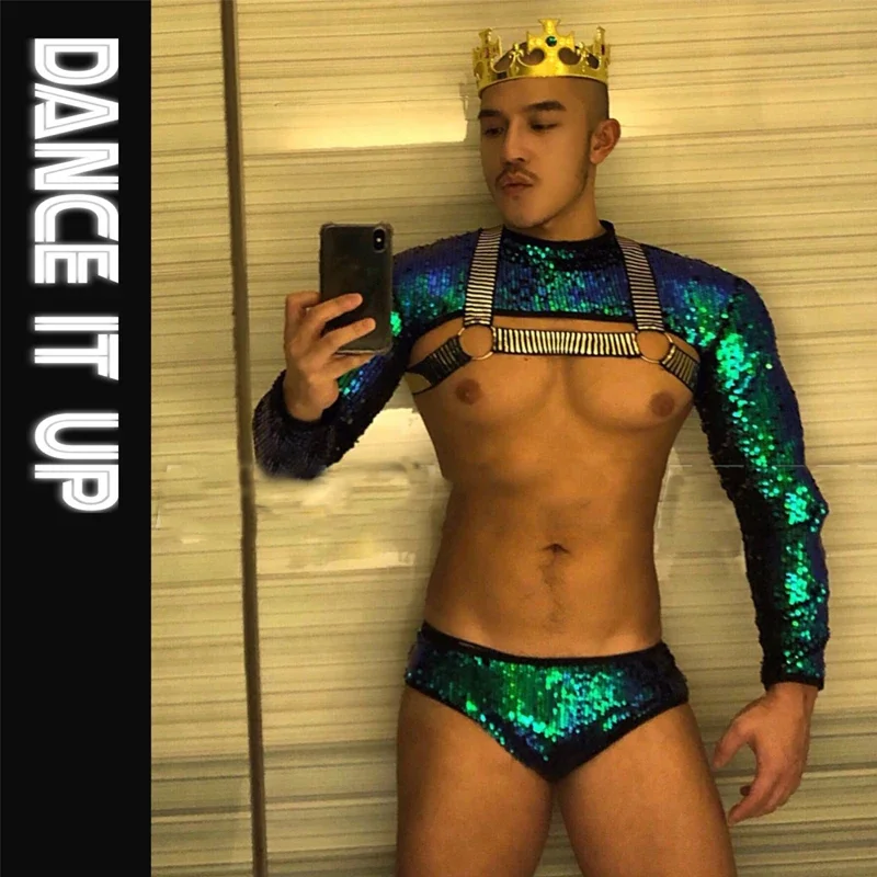

Gogo Costume Men Symphony Sequins Green Top Shorts Chest Straps Headwear Festival Rave Outfit Burning Man Stage Pole Wear XS2473