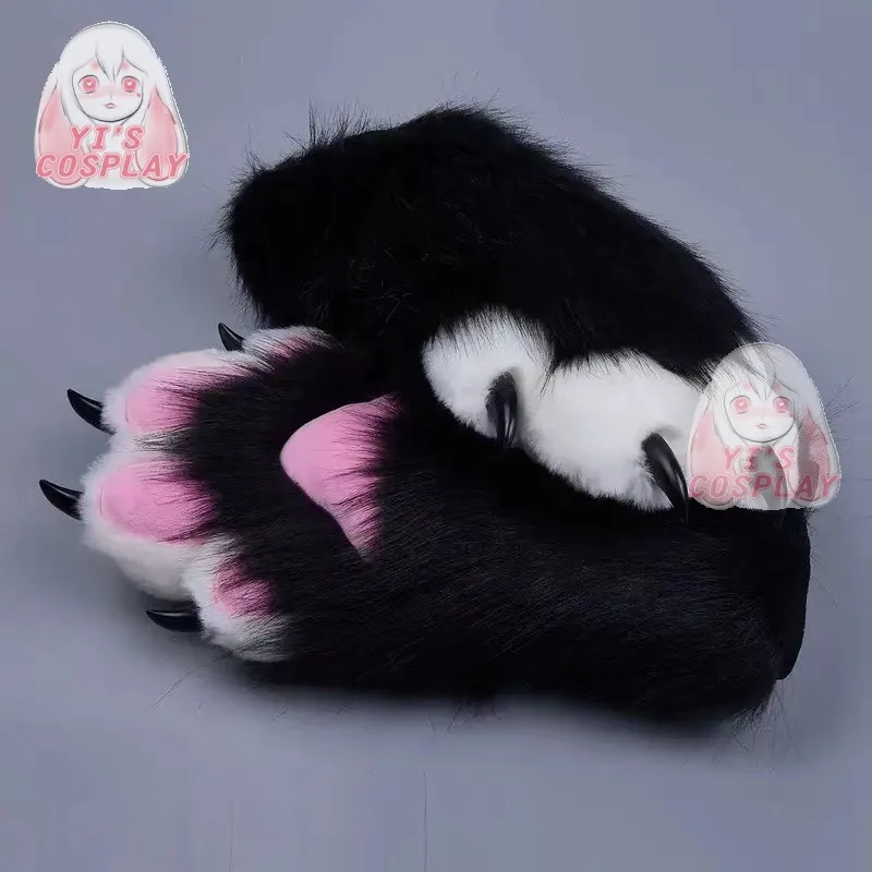 Furry Paw Gloves Customized Furry Head Fursuit Kigurumi Plash Gloves Paw Fluffy with one left New Yellow Pink Rabbit Fur Ear