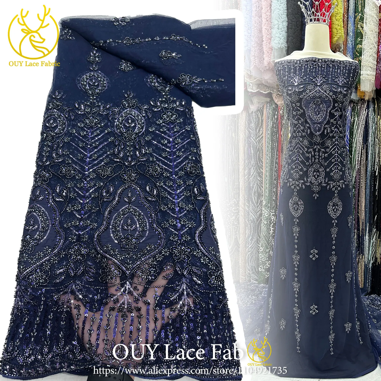 

Luxury French Beaded Chiffon Lace Fabric 2026 High-Quality Nigeria African Embroidery Sequin Lace Fabric Party Dinner Dress