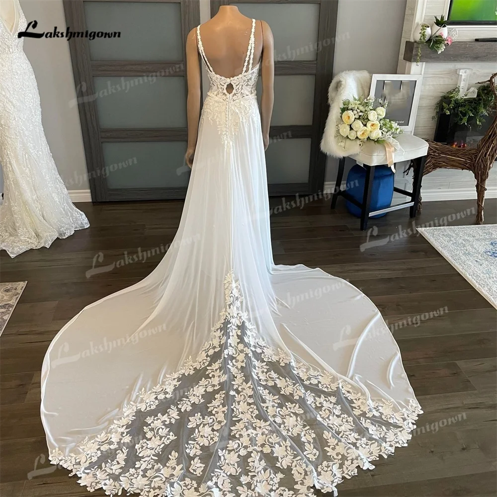 Modern Chic Boho A Line Chiffon V Neck Wedding Dress With Allure Lace Applique Spaghetti Straps Bride Gowns vestidos novias boda