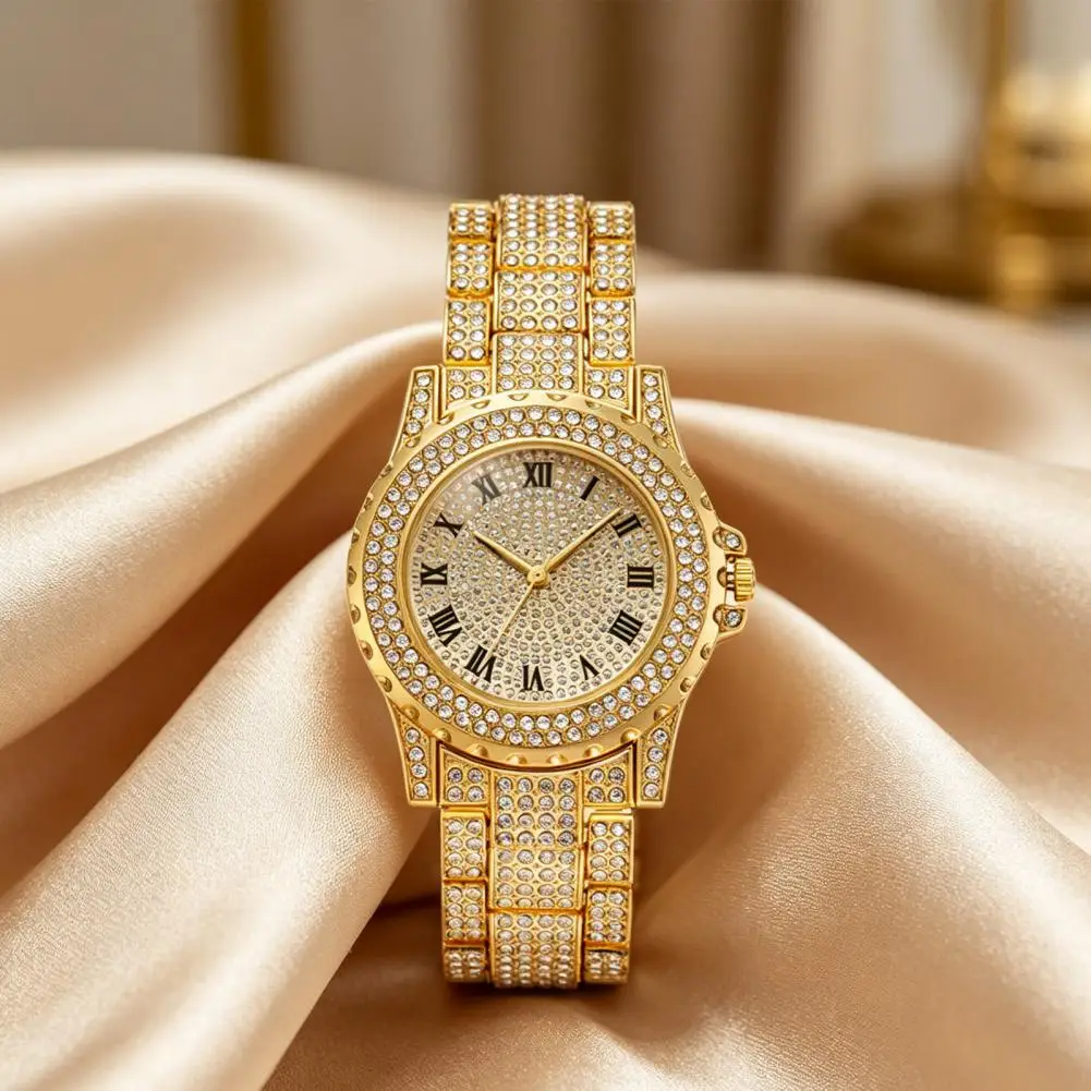 High Accuracy Timepiece Women's Rhinestone Bracelet Watch Alloy Roman Numerals Quartz Wristwatch Densely Set Crystals for Office