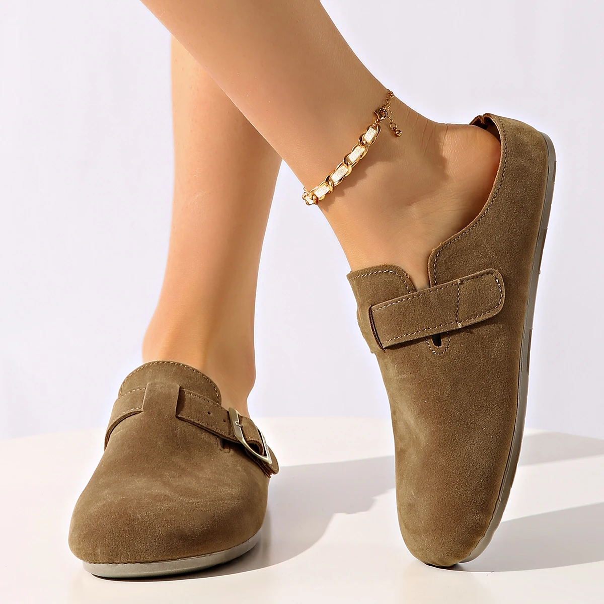 

Spring Autumn Ladies Slip-On Half Slippers Thick Heel Heightening Retro Artistic Single Shoes New Casual Shoes