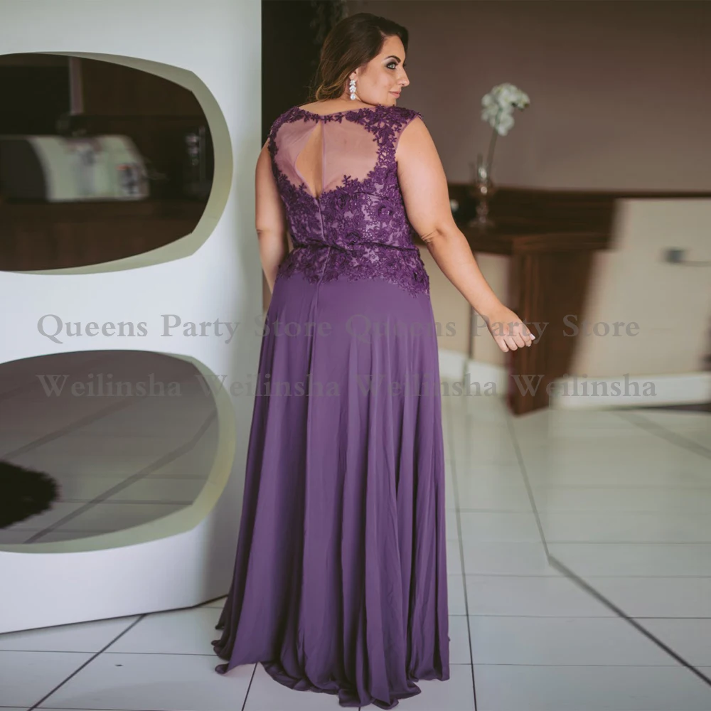 Purple Mother of The Bride Dress Plus Size Sleeveless Scoop Lace Chiffon Floor Length Wedding Guest Dresses Party Gowns