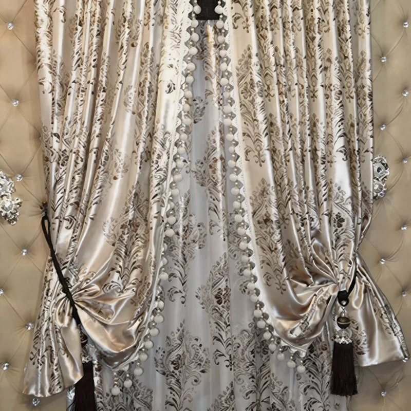 Luxury White Curtain Grommet Top Pencil Pleated Ball Rim Rings Charming Patchwork Bead Drapes Hook And Rod Pocket Room Curtains