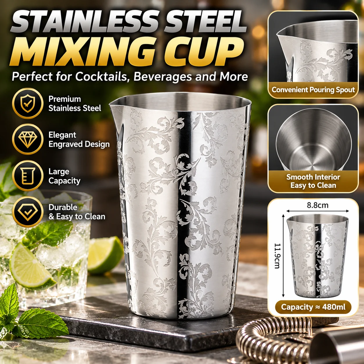 Stainless Steel Cocktail Mixing Glass, Professional Bar Drink Stirring Tumbler, Bartender Mixing Cup for Home Bar