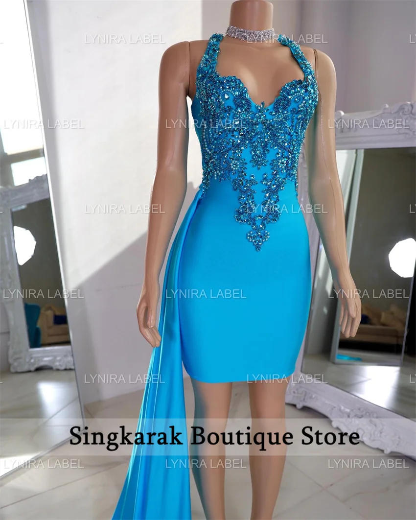 Blauwgroen Blauw Diamant Afrikaanse Cocktailjurken Kralen Verjaardagsfeestje Jurken Mini Korte Galajurken Zwarte Meisjes Homecoming Customiz