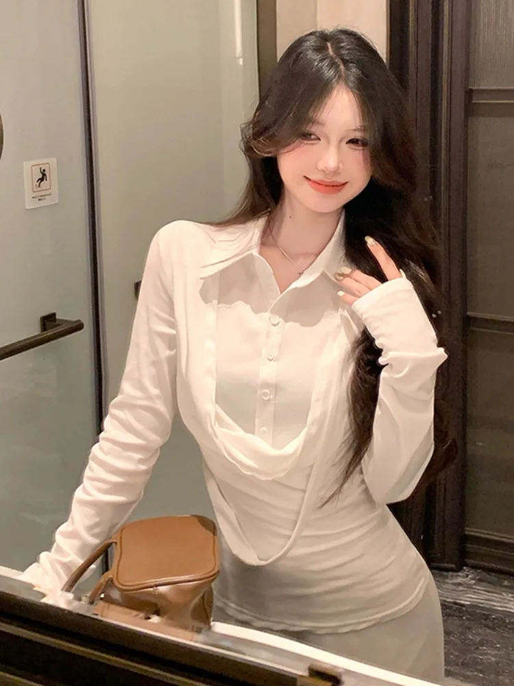 

White Long Sleeve Neck Slim Fit Shirt Women's Spring Autumn Splicing Design Sense Elegance Top Large Size Inner Wear
