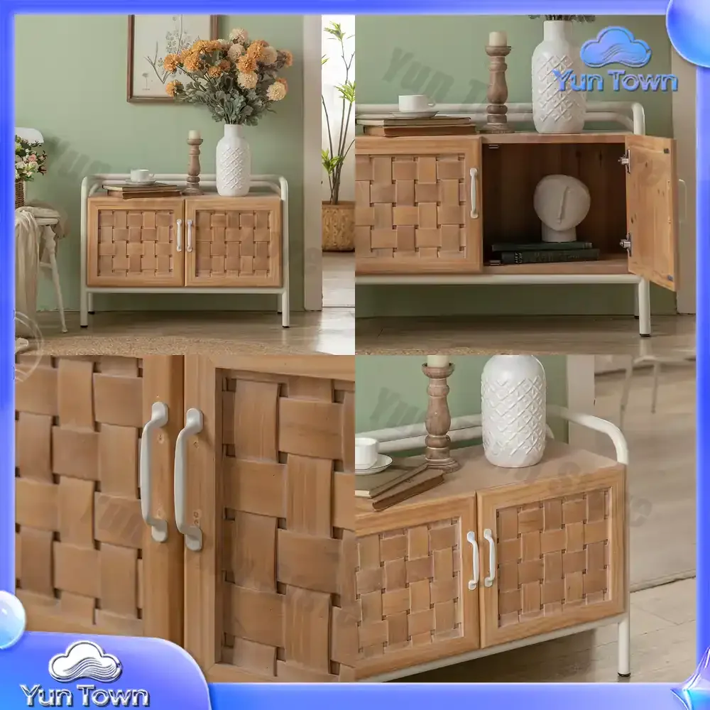 Wooden Bedside Table with Woven Design for Modern Bedroom Storage Cabinet for Living Room Entryway Hallway Minimalist Rustic