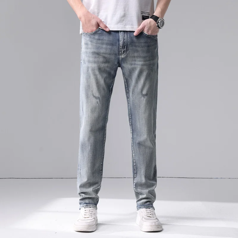 Printemps automne coton hommes bleu mince jean droit affaires décontracté Stretch Denim pantalon mâle marque pantalon ample