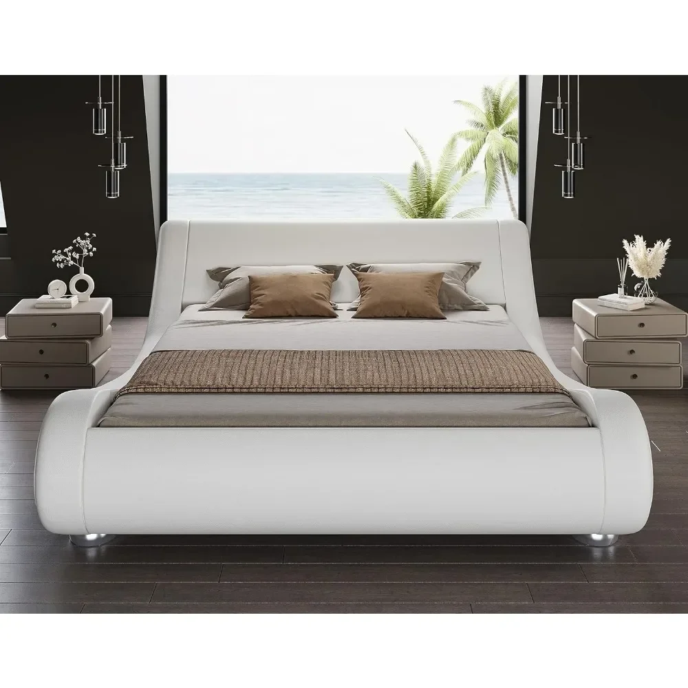 King Size Upholstered Bed Frame,Deluxe Low Profile Sleigh Bed with Faux Leather Ergonomics Headboard,White  No Box Spring Needed