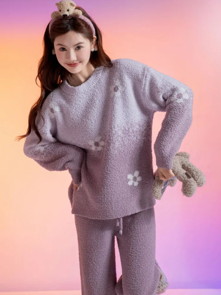 [TXii Advanced Sense]soft half-side velvet pajamas women's autumn and winter warm coral velvet sweet gradient home clothing