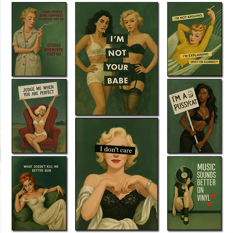 Retro Green Background Feminist Female Portrait Funny Quotes Abstract Poster Canvas Paintings Wall Art Pictures Home Decor