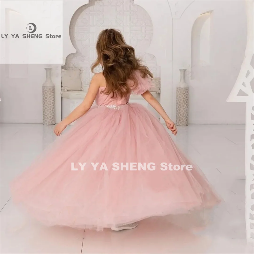 Pink Tulle Fluffy Flower Girl Dress For Wedding One Shoulder Beading With Bow Kids Birthday Party Ball Gown First Communion Wear