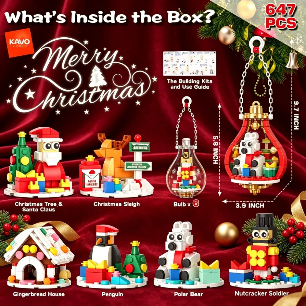 KAVOWORLD 6 in 1 Christmas Tree Hanging Ornaments Building Blocks With LED Light Bulbs & Chain DIY Building Bricks Kit 647 PCS Santa Reindeer Gingerbread House Penguin Polar Bear Nutcracker Lighted Bulb Decorations for Home Party Winter Holiday Xmas Gift