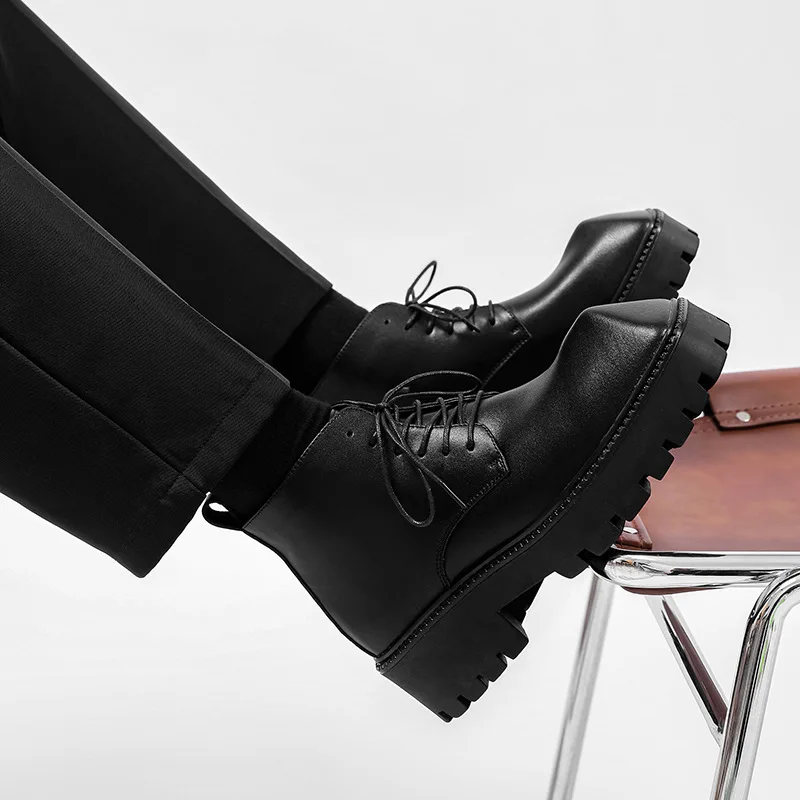 England style men's casual platform boots black trendy genuine leather shoes punk rock dress cowboy ankle boot pointed toe botas