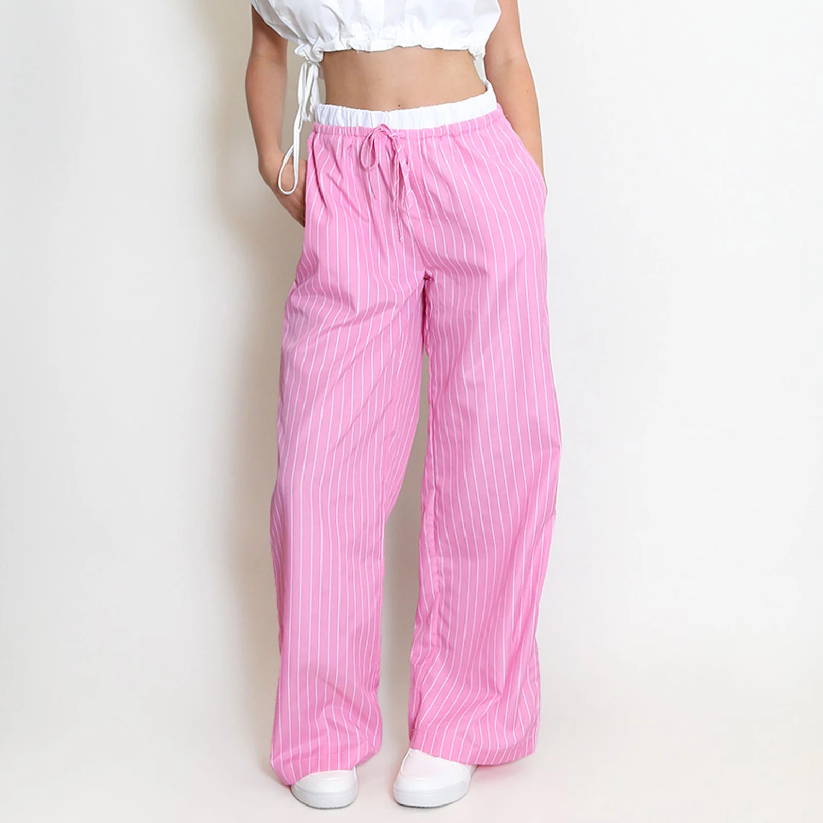 Women's Striped Pants Fake Two-Piece High Waist Drawstring Straight Leg Trousers with Pockets for Summer Fall