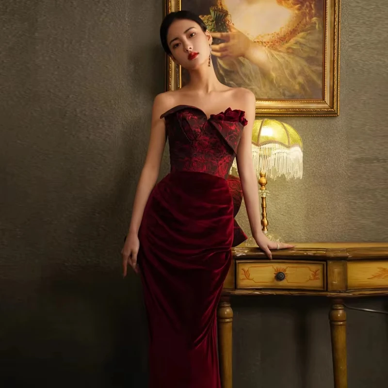 

Elegant Burgundy Strapless Evening Dress Vintage Velvet Patchwork Slim Cocktail Party Mermaid Dress Women Long Dress
