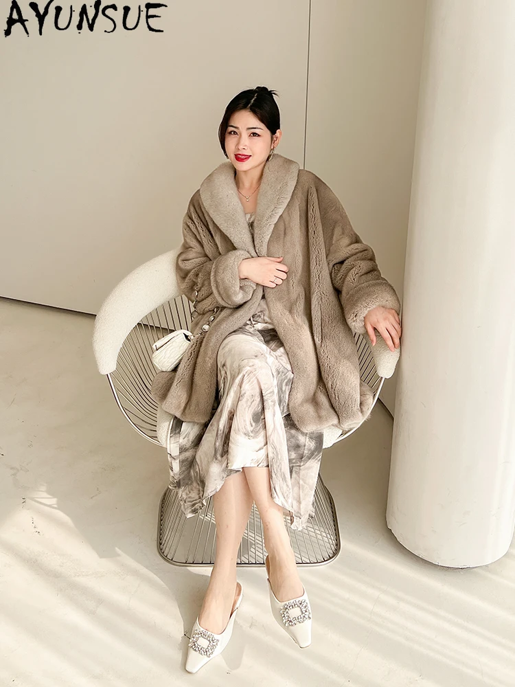 AYUNSUE Natural Velvet Mink Fur Coat Woman Shawl Collar Mid Length Real Fur Coat Woman Clothing Whole Mink Winter Шуба Женская