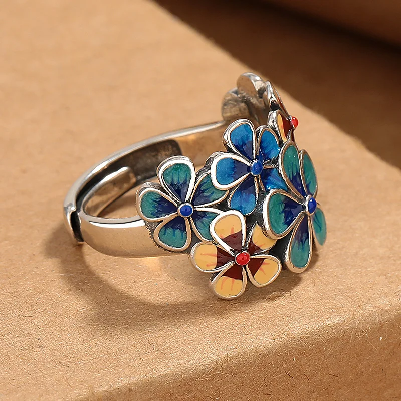 HX New Cloisonné Enamel Flowery Ring for Women with Atmospheric Retro Ethnic Style Opening Adjustable Creative Index Finger